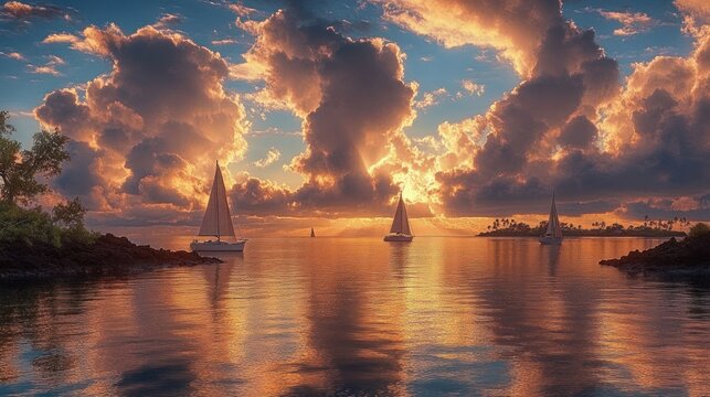 Three sailboats peacefully floating on calm water during a dramatic sunset with vibrant orange and blue sky and silhouetted clouds - Powered by Adobe