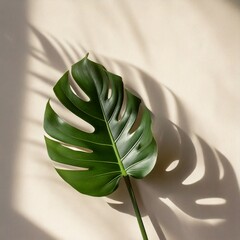 Hoja de monstera con sombra proyectada en la pared