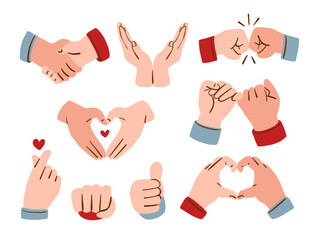 Hand Drawn Love Friendship Gesture Icon. A collection of 9 hand drawn gesture icons featuring handshakes hearts pinky promises finger hearts. Perfect for communication and emotional designs