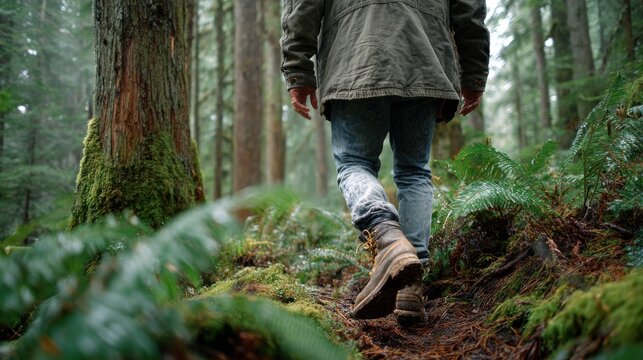 Realistic forest scene of a man in old boots and jacket walking through dense rainforest, mossy trunks and filtered sunlight creating a tranquil mood. 