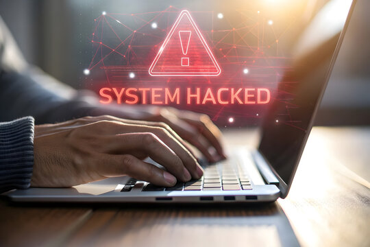 Person typing on laptop with system hacked warning and digital network overlay