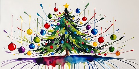 Vibrant watercolor painting of a Christmas tree decorated with colorful ornaments and a golden star on top, artistic splashes and drips creating a festive and creative holiday atmosphere