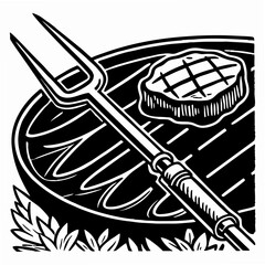 Grill fork with steak on barbecue cooking food