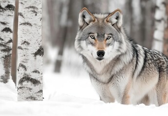Naklejka premium close-up of a wolf standing attentively in a snowy birch forest with dense fur and piercing eyes