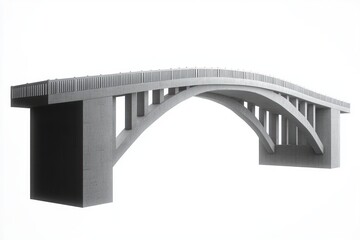Gray concrete arch bridge with vertical columns isolated on white background showcasing modern architectural design and smooth curved structure