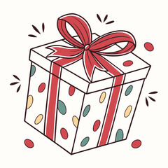 Festive gift box with red ribbon and colorful polka dots present