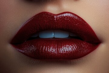 Fototapeta premium Close-up of glossy dark red lipstick on well-defined lips with slightly visible white teeth and smooth skin texture
