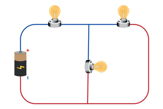 Series and parallel electrical circuits. Parallel circuit, Series circuit, basic electric circuits experiment vector. Kirchhoff voltage law. series and parallel circuits with Batter and light bulb