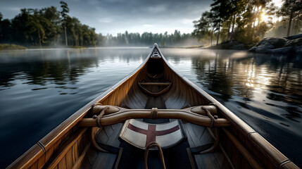 Obraz premium Canoe Glides on Misty Lake, Flag Motif