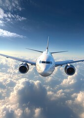 Commercial airplane flying above white clouds under a clear blue sky in daytime