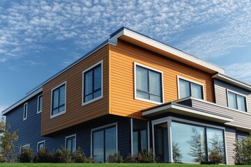 Modern two-story house with bright orange and gray siding, large windows, surrounded by greenery under a partly cloudy sky, exuding a fresh and inviting atmosphere