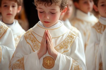 Young boys dressed in white robes with gold embroidery standing with hands clasped in prayerful posture, eyes closed, expressing solemnity and reverence