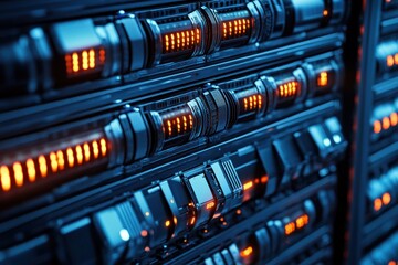 Close-up view of a server rack with illuminated orange status lights in a data center environment