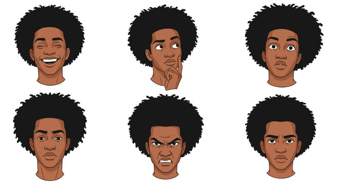 Diverse afro american man facial expressions vector design