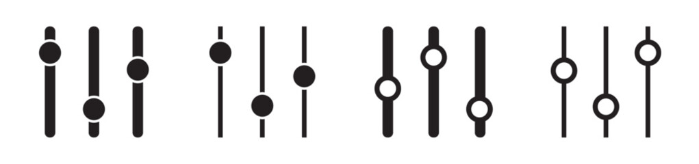 Minimalist vertical slider icons in black, perfect for UI/UX design, audio controls, app interfaces, or settings menus. Clean, flat design suitable for modern web and mobile applications. Includes sol