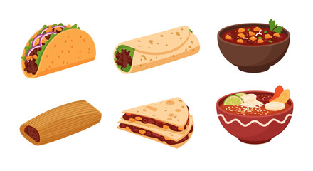 Delicious mexican food taco burrito and quesadilla vector