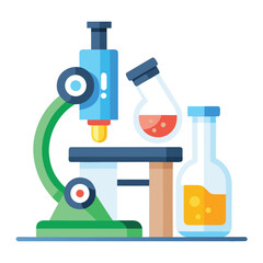 Colorful cartoon illustration of laboratory microscope and chemical equipment