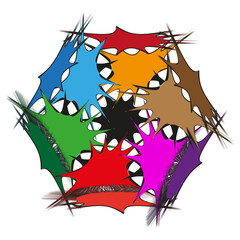 Multicoloured kaleidoscopic starwork. Interlocking barbed arms. Symmetric stellate Vector. Vibrant chromatic geometry.