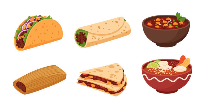 Delicious mexican food taco burrito and quesadilla vector