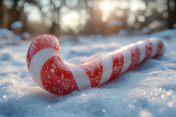 Candy canes scattered in the snow.