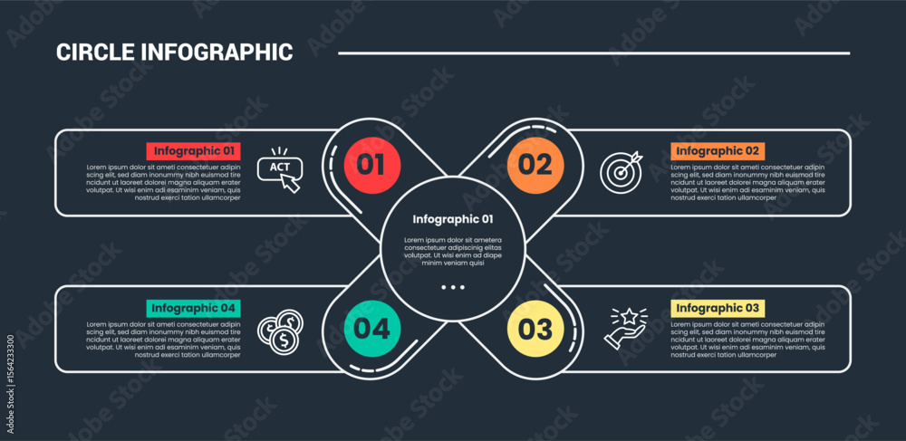 Aufkleber circle shape infographic process diagram with x cross shape with round rectangle box on quadrant str