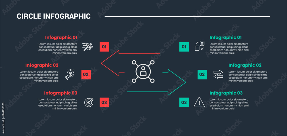 Poster circle shape infographic process diagram with opposite arrow direction with square box point with da