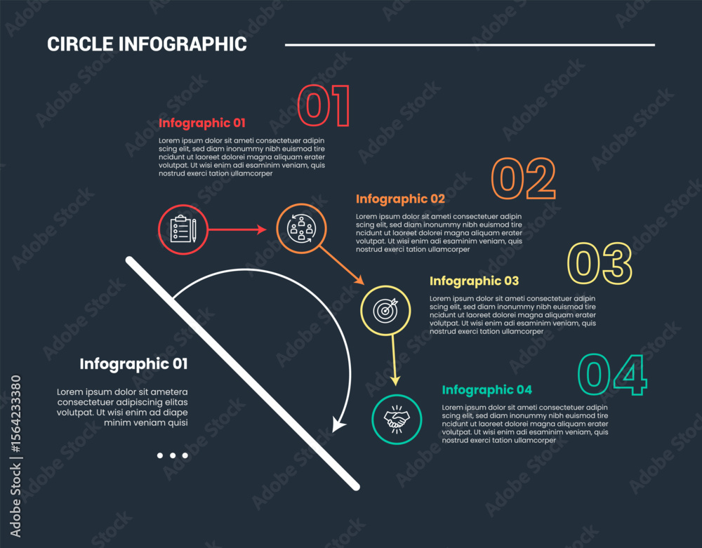 Poster circle shape infographic process diagram with half circle on skew line with arrow pointer direction 