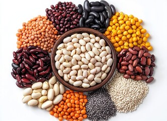 A top view of various colorful beans and lentils arranged in a circular pattern around a wooden bowl filled with white beans on a white background, showcasing natural textures and healthy food variety