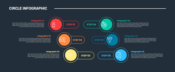 circle shape infographic process diagram with small circle stacked skew slope with dark background bright outline style