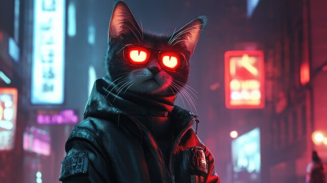Cat in a black leather jacket with glowing red eyes in a neon lit city at night