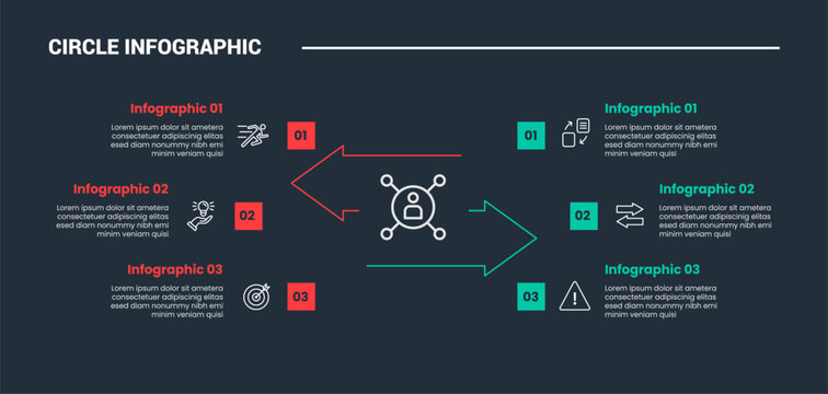 circle shape infographic process diagram with opposite arrow direction with square box point with dark background bright outline style
