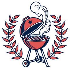 Red and blue barbecue grill with smoke and laurel wreath cooking food