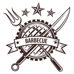Barbecue emblem with crossed utensils and stars grill cooking