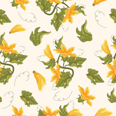 seamless pattern with branches of pumpkin tops with green, twisted leaves and yellow pumpkin blossoms on a light background, for autumn printing, textiles or packaging