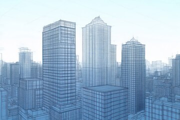 Obraz premium Detailed wireframe architectural rendering of a dense cityscape featuring multiple high-rise skyscrapers with grid patterns against a pale sky