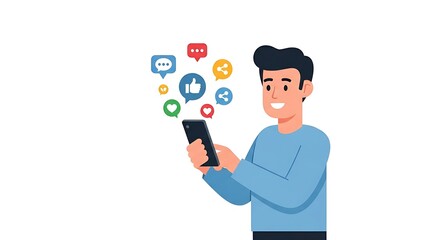 Man using smartphone with social media icons floating around him on a white isolated background