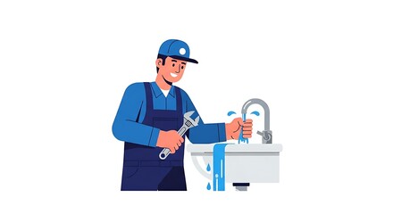 A cartoon plumber fixing a leaky faucet with a wrench in a white bathroom sink illustration