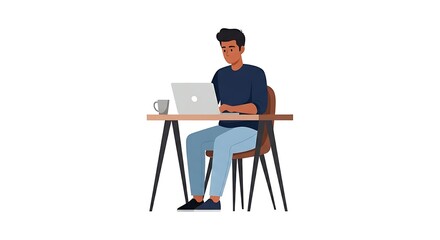 A man sitting at a desk working on a laptop with a mug next to him in a digital illustration