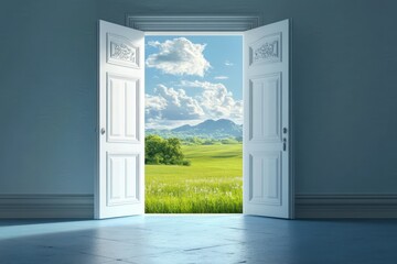 Fototapeta premium Open white double doors leading to a bright scenic landscape with green fields, trees, distant mountains, and a blue sky with fluffy white clouds, evoking a feeling of hope and serenity