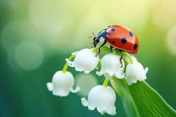 Fototapeta premium Close-up of a red and black spotted ladybug crawling on small white bell-shaped flowers with green leaves in soft natural light