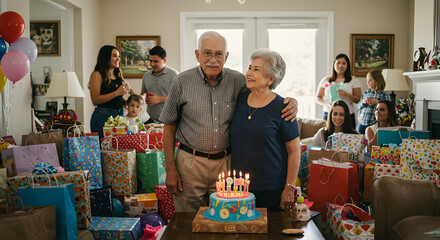 Elderly couple celebrating a birthday surrounded by family, gifts, and a lit cake in a bright living room.
