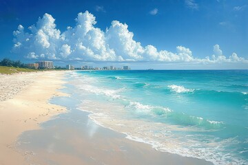 Calm turquoise ocean waves gently washing onto a wide sandy beach under a vibrant blue sky with large fluffy white clouds and distant buildings along the shoreline