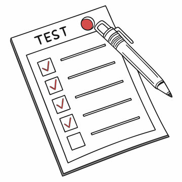 Test paper with red checkmarks and pen checklist assessment