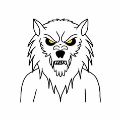 Fierce werewolf face with yellow eyes and sharp teeth monster creature
