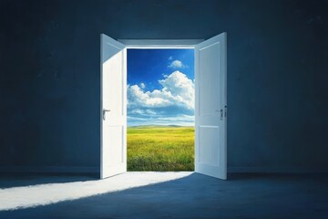 Open white double doors leading from a dark empty room to a bright outdoor landscape with green grass under a blue sky filled with fluffy clouds, symbolizing hope and freedom