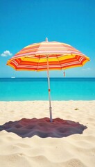 Colorful Striped Beach Umbrella Casting Shade on Sunny Sand, Perfect for Summer Vacation and Relaxation