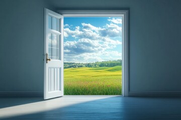 Fototapeta premium An open white door reveals a bright, sunny landscape with green fields, wildflowers, rolling hills, and a blue sky with scattered clouds, evoking a sense of freedom and tranquility