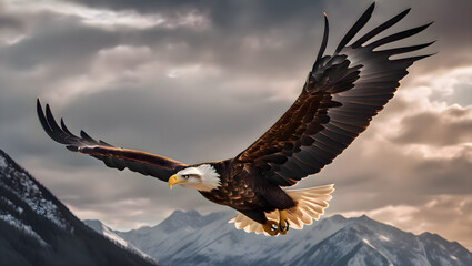 Naklejka premium Eagle flying high in the sky with wings extended over mountain peaks, captured mid-flight in a natural outdoor setting