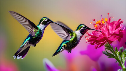 Obraz premium Two colorful hummingbirds flying together in mid-air against a soft natural background, capturing motion and symmetry in a delicate wildlife moment