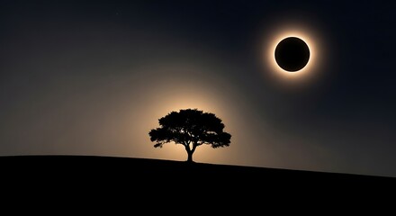 Silhouette of a lone tree on a hill with a solar eclipse in the sky.